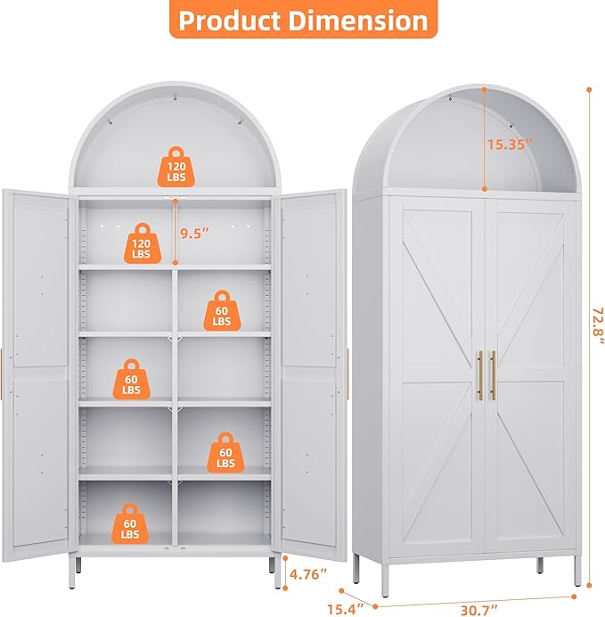 GangMeri Farmhouse Kitchen Pantry Cabinet, Arched Storage Cabinet with Doors and Adjustable Shelves, Tall Freestanding Cupboard for Laundry, Dining Room, Living Room, Bathroom(White)