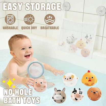 No-Hole Farm Bath Toys for Toddlers 1-3 | Slide, Basketball Hoop & 6 Animal Set | Easy to Clean & Dry Bathtub Play Gifts for Boys Girls