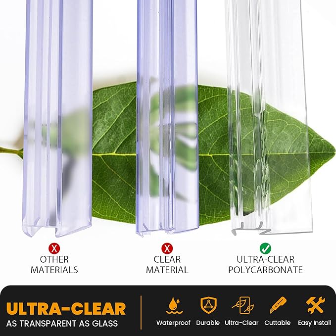 Shower Door Bottom Seal, 2-Pack PVC Strips with Sweep 39" Long, for 5/16"(8mm) Thick Framless Glass Door, to Stop Water Leakage
