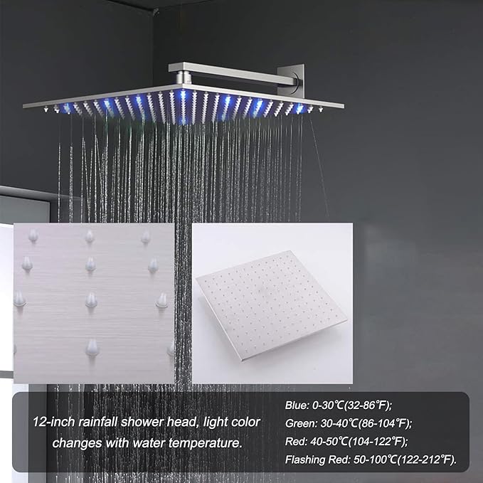 Brushed Nickel 4 Way Full Body Thermostatic Shower Faucet System 12 Inch Luxury Rain Shower System with Tub Spout, Handheld Shower and 6 PCS Body Jets Shower Fixtures
