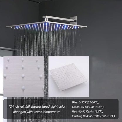Brushed Nickel 4 Way Full Body Thermostatic Shower Faucet System 12 Inch Luxury Rain Shower System with Tub Spout, Handheld Shower and 6 PCS Body Jets Shower Fixtures