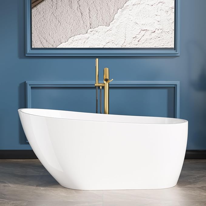 Sarlai 59 Inch Acrylic Freestanding Soaking Bathtub Contemporary Soaking White Tub Stand Alone Ergonomic Bathtub with Chrome Drain and Overflow
