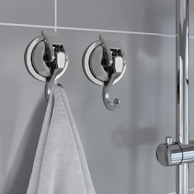 Heavy Duty Suction Cup Hooks for Shower, Bathroom Robe - Vacuum Glass Hooks, Reusable, No Hole Punched, for Garland Decoration (Silver, 2 Pack)