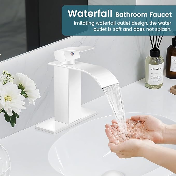 Bathroom Faucets White Waterfall Bathroom Sink Faucet Modern Single Handle Bathroom Faucet for 1 or 3 Hole Mxier Tap Washbasin Faucet with Deck, Pop-up Drain and Supply Hoses