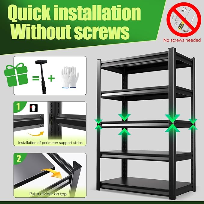 Garage Shelving,Heavy Duty Garage Storage Shelves,Metal Shelving Unit,5 Tier Adjustable Steel Utility Shelf,Use for Basement,Warehouse, Pantry Closet,Black (Steel-72 H*45.7" W*19.7" D)