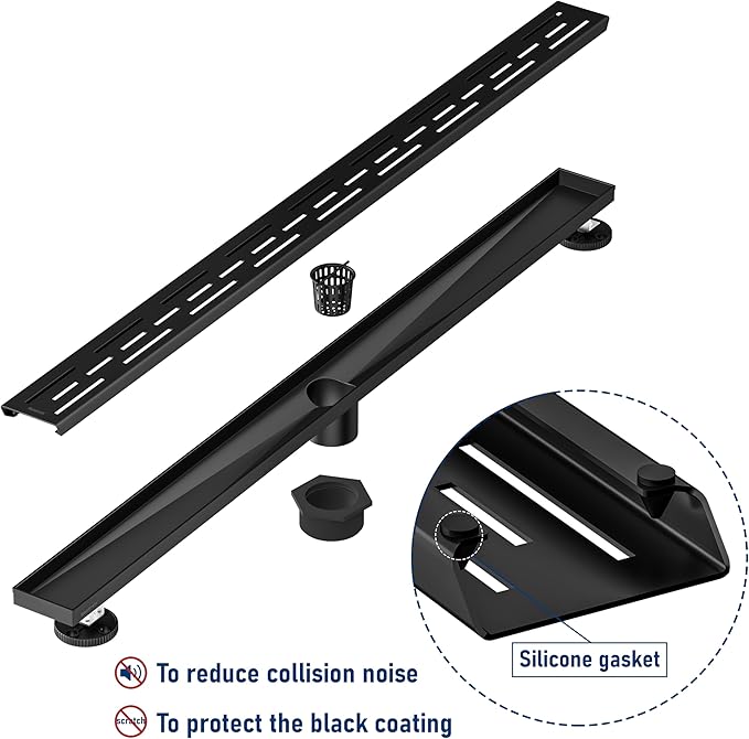 Neodrain 36 in Matte Black Linear Shower Drain, Rectangular Linear Shower Drain with Brick Pattern Grate, Brushed 304 Stainless Steel Bathroom Floor Drain