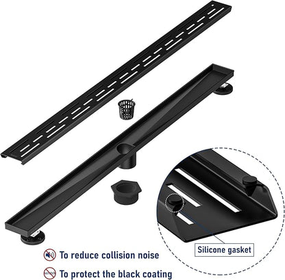 Neodrain 36 in Matte Black Linear Shower Drain, Rectangular Linear Shower Drain with Brick Pattern Grate, Brushed 304 Stainless Steel Bathroom Floor Drain