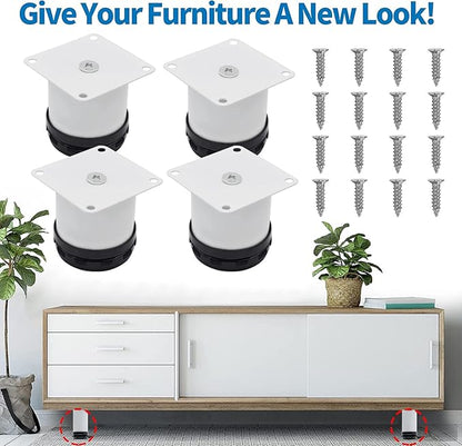 2.5 Inch Metal Furniture Legs - Stainless Steel, Adjustable, White, Round Cabinet Legs for Coffee Table, Cabinet, Desk, Sofa, Shelves - Pack of 4