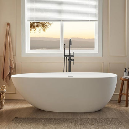 Cpingao 59" Freestanding Matte White Stone Resin Soaking Bathtub Modern Stand Alone Tub with Drain and Overflow, 8848-1500