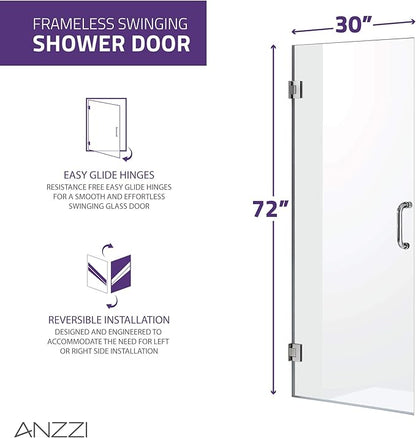 ANZZI 72" x 30" Frameless Shower Door in Brushed Nickel, Water Repellent Glass Shower Door with Seal Strip Parts and Handle, 3/8 Glass Hinged Shower Door with Handle,Series (SD-AZ09-02BN)