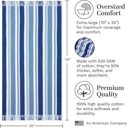Laguna Beach Textile Co. Striped Cabana Beach Towel - Oversized, Plush 630 GSM Cotton - Bahama Blue