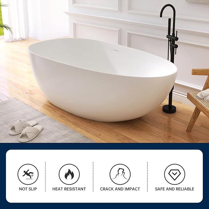 67" Stone Resin Freestanding Bathtub, Oval Solid Surface Bathroom Freestanding Tub, Thin Edge Stand Alone Tub with Integrated Slotted Overflow and Pop-up Drain, Matte White 302-170