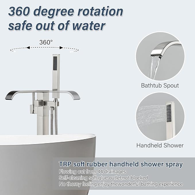 Freestanding Bathtub Faucet Brushed Nickel Tub Filler Floor Mount Single Handle Brass Tap with Handheld Shower and Swivel Mixer Spout
