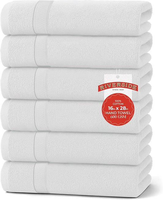 RIVERSIDE 6 Pack Premium Hand Towels Set, 16x28 inches, 100% Ring Spun Cotton, 600 GSM, Soft, Quick Dry and Highly Absorbent, Towels for Bathroom, Kitchen, Gym, Spa - White