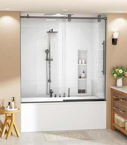 Bathbliss Glass Shower Door 56"-60" Wx60 H,Frameless Sliding Glass Door with 5/16"(8mm) Tempered Glass Shower with Matte Black Finish