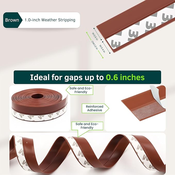1.0in Brown Weather Stripping Door Seal – Flexible Silicone, Strong Adhesive, Seals Small Gaps for Winter Cold Draft and Wind Protection