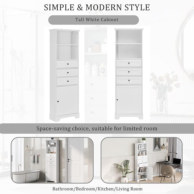 Favfurish 67" Tall Bathroom Storage Cabinet with Door and 3 Drawers,Modern Linen Cabinets w/Adjustable Shelf & 2-Tier Open Shelves,Freestanding Organizer for Bath Room,Study,Office,White