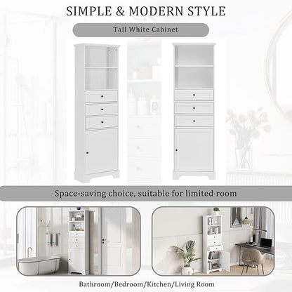 Favfurish 67" Tall Bathroom Storage Cabinet with Door and 3 Drawers,Modern Linen Cabinets w/Adjustable Shelf & 2-Tier Open Shelves,Freestanding Organizer for Bath Room,Study,Office,White