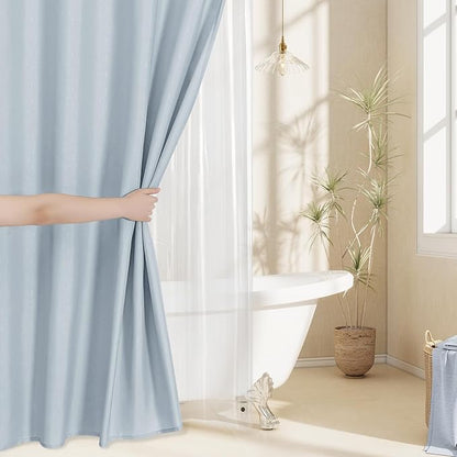 MitoVilla 3 in 1 Shower Curtain Set, FogBlue Boho Farmhouse Linen Textured Bath Curtain and Clear PEVA Liner Set with 12 Double Sided Steel Hooks, Waterproof Fabric Hotel Bathroom Curtain - 72x72