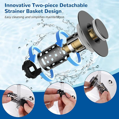 Hibbent 2 Pack 3 in 1 Bathroom Sink Drain Strainer, Universal Pop Up Stopper with Removable Stainless Steel Filter Basket Hair Catcher, Sink Plug for 1.1''~2.36'' Basin, Brass Bullet Core, Grey