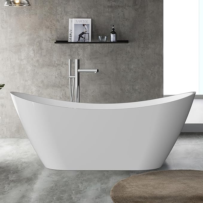 59 Inch Acrylic Freestanding Bathtub, Soaking Bathtub with Matte Drain and Overflow, Modern Square Tub with Deep Ergonomic Design, Double-Walled Insulation for Bathroom Relaxation, cUPC Certified