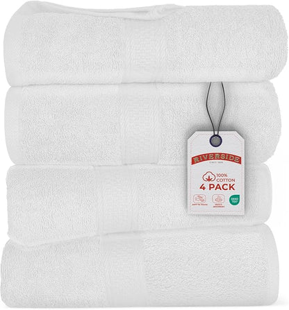 RIVERSIDE 100% Ring Spun Cotton Large Bath Towels Set of 4, 27 x 54 Inches – Quick Dry, Soft & Highly Absorbent Towels for Shower & Bathroom – Luxury 600 GSM Towels for Home, Spa, Gym, Hotel, White