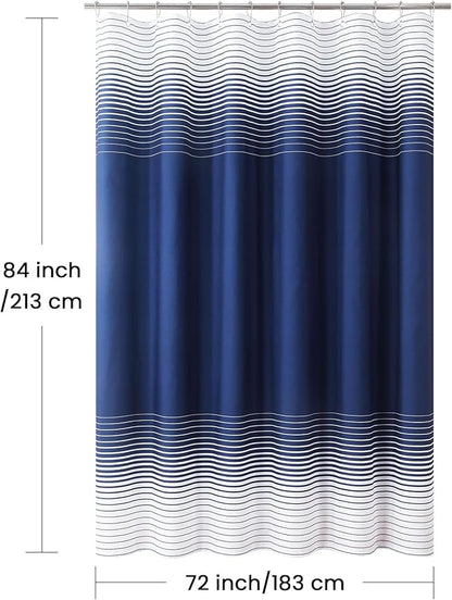 Extra Long Blue Shower Curtain, Modern Navy Blue and White Gradient Horizontal Stripe Waterproof Polyester Shower Curtains for Bathroom, 72x84 Inches