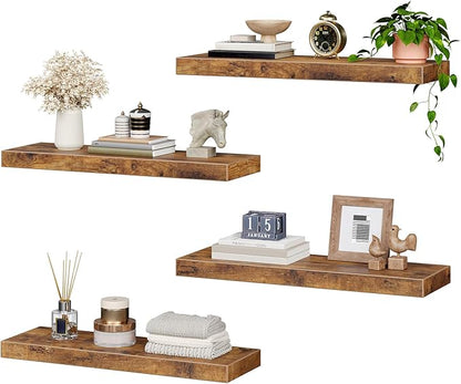 Floating Shelves for Wall, 1.5" Thick Wall Shelf Set of 4 with Invisible Brackets, 23.6L x 7.9W Hanging Shelves Farmhouse Home Decor for Bathroom, Living Room, Bedroom, Rustic Brown 6301BJP4BF