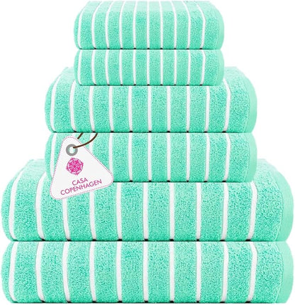 CASA COPENHAGEN Ecstatic 6 Pieces Towel Set- Aqua Blue, 600 GSM 2 Bath Towel 2 Hand Towel 2 Washcloth, Designed in Denmark Made of Soft Egyptian Cotton for Bathroom, Kitchen & Shower