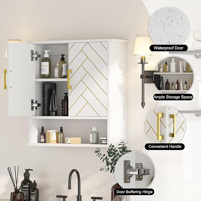 White Chevron Pattern Bathroom Wall Mount Cabinet, Stylish Hanging Medicine Cabinet with Open Shelf, Over The Toilet Storage for Bathroom Kitchen (23 5/8" x 22 7/8" x 15 3/4")