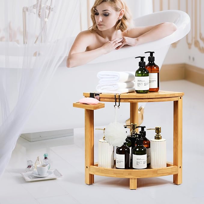 Ollieroo 2-Tier Bamboo Corner Shower Stool for Shaving Legs, Waterproof Bench with Storage Shelf and Soap Dish, Non-Slip Foot Rest (Natural)