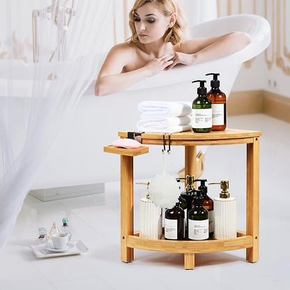 Ollieroo 2-Tier Bamboo Corner Shower Stool for Shaving Legs, Waterproof Bench with Storage Shelf and Soap Dish, Non-Slip Foot Rest (Natural)