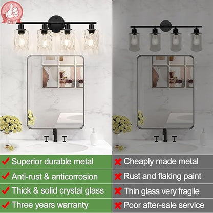4-Light Bathroom Light Fixtures, Matte Black Vanity Lights with Water Ripple Clear Glass Shade, Bathroom Wall Lamp for Mirror, Kitchen, Living Room, Hallway, Cabinet, Porch