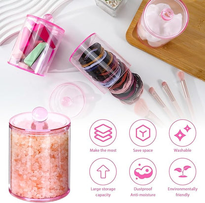 6 Pack Qtip Holder,Canister Apothecary Jar Set, Bathroom Jars with Lids Set for Cotton Swabs, Balls, Pads, Floss Picks,10oz-12oz Plastic Canisters Restroom Bedroom Vanity Organizer(Pink)