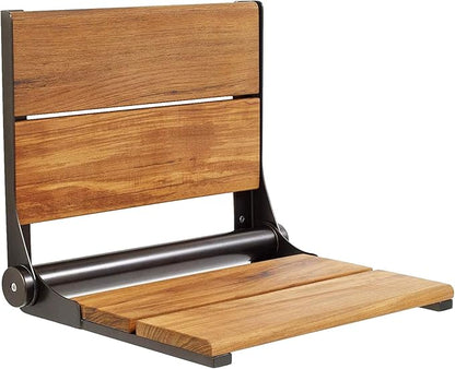 Folding Shower Seat Wall Mounted with Back | 500 lbs Maximum Load Capacity | ADA Compliant Safety Assist Teak Shower Seat for Seniors, Handicapped, and Children | 304 Stainless Steel Frame | 26” x 16”
