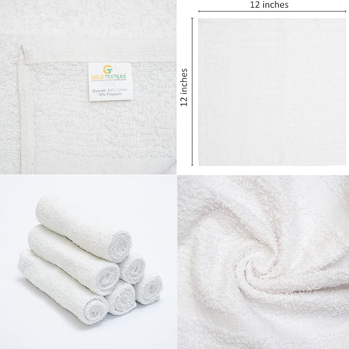 GOLD TEXTILES 60 Pack Economy White Washcloths Set (12x12 inches) - Cotton Blend Commercial Grade Cleaning Rags, Quick Drying & Soft Face Cloths, Fingertip Towels for Bathroom, Spa, Gym, and Kitchen