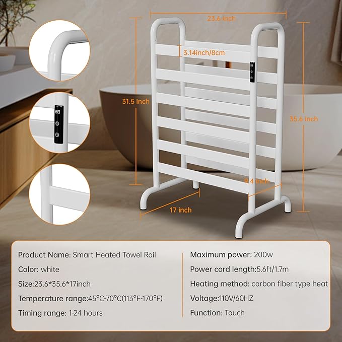 Towel Warmer Rack, Electric Heated Towel Rack for Bathroom, Freestanding Adjustable Temperature 110–170°F with Timer & Overheat Protection, Large Aluminum Towel Heater, 12 Fast Heating Bars