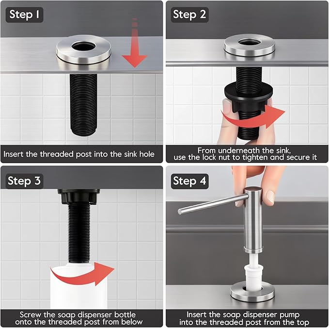 GAPPO Soap Dispenser for Kitchen Sink, Built in Sink Soap Dispenser, Brushed Nickel Stainless Steel Pump Head, Lotion Dispenser with Refillable 17 OZ Bottle
