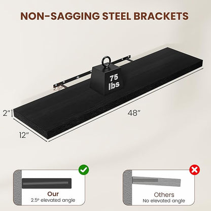 Vivelove 2 inch Thick Floating Shelves for Wall 55 Inches Long, 12" Deep Wall Shelves, for Bedroom, Bathroom, Living Room, Kitchen, Office, Modern Home Decor, 48" X 12" X 2", Set of 2, Black