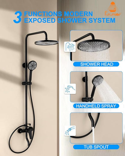 Outside Shower Kit,3 Functions Handle Tub Rainfall Shower Faucet Sets with Dial Thermometer Brass Valve, Black Exposed Shower Pipe System with 10'' Rainfall Shower Head Adjustable