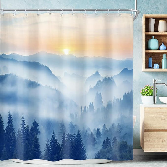 Riyidecor Misty Mountain Shower Curtain 72Wx72H Inch Blue Sunrise Scenery Foggy Woodland Greenery Smokey Tree Nature Pine Scenic Rustic Bathroom Decor Fabric Polyester Waterproof 12 Pack Hooks