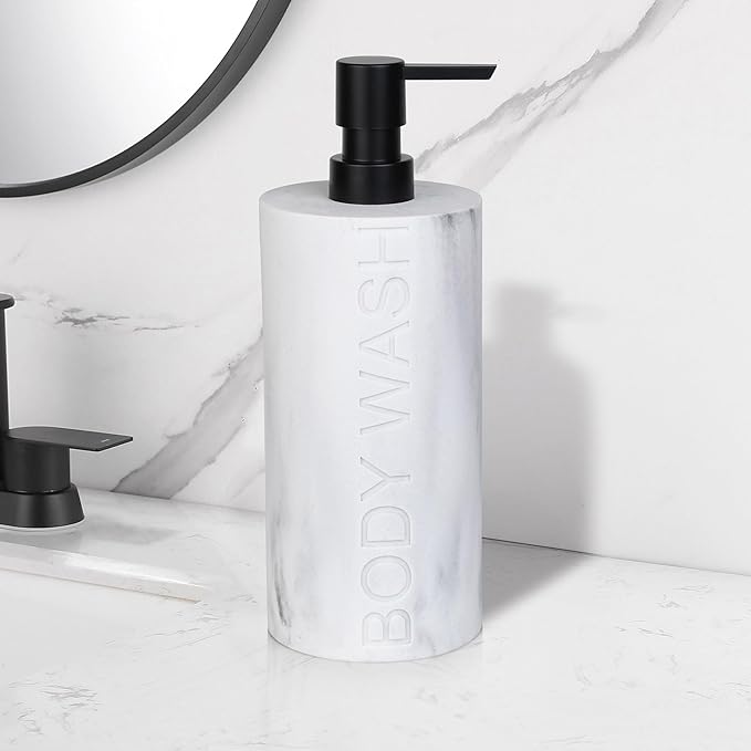 Resin White Marbled Body Wash Engraved Bottle Refillable Pump Dispenser, Durable Waterproof Construction for Bath, Shower - Resin White Marble - Matte Black Pump