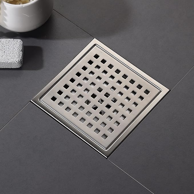 6 Inch Shower Drain Brushed Gold with Adjustable Shower Drain Base Flange SUS304 Stainless Steel Floor Drain Cover Removable Mesh Grille