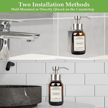 Glass Soap Dispenser with Pump and Wall Mount Holder,8.5 Oz Shampoo and Conditioner Dispenser,Dish Soap Dispenser with Waterproof Labels,2 Pack|Silver