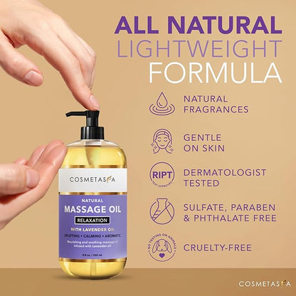 Cosmetasa Lavender Massage Oil for Massage Therapy - All Natural, Cruelty-Free & Spa Quality Skin Therapy Oil, Calming & Soothing Care - Lavender, Geranium & Grapeseed Oil (8.8 oz)