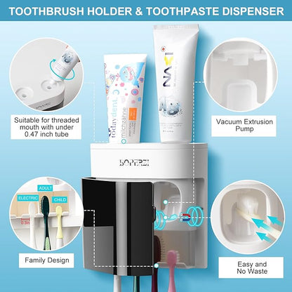 Boperzi Bathroom Razor Storage Holder and Toothpaste Dispenser Wall Mounted with Dustproof Cover, Black Toothbrush Holder Set for Mirror Shower with 2 Toothpaste Squeezers(No Electric, No Light)