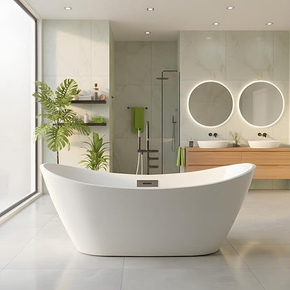 Freestanding Bathtubs 59 Inch Acrylic Soaking Tub, Oval White Stand Alone Bathtub with Chrome Drain and Overflow, Modern Freestanding Tub for Home Spa or Bathroom Remodel