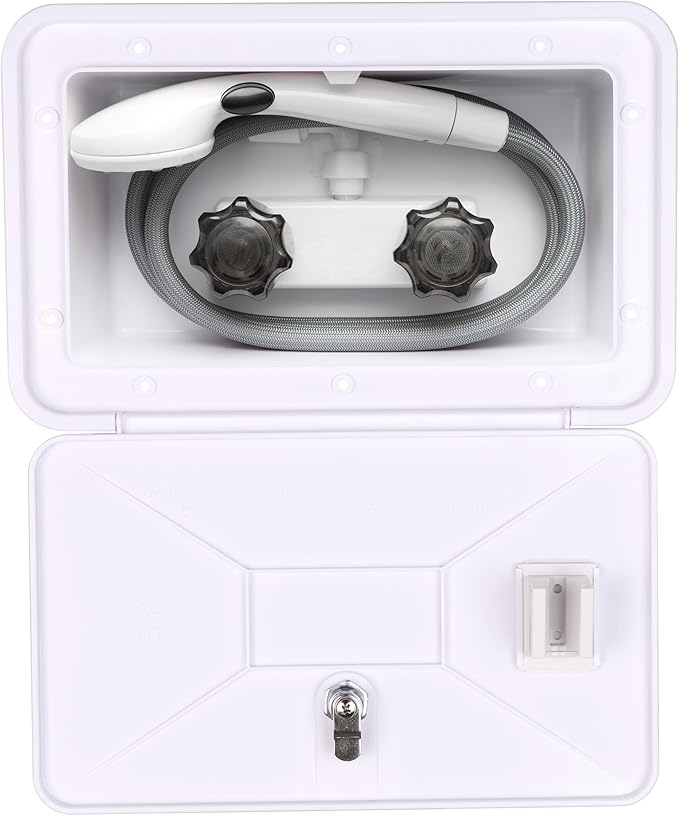 RV Outdoor Shower Exterior Shower Box Kit, Easy Install RV Outdoor Shower with Leak-Proof Coiled Hose, Direct Replacement for Campers, Van, Travel Trailer, Motorhome and Boat, White
