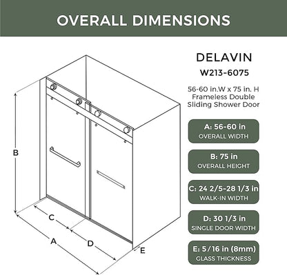 DELAVIN 56"-60" W x 75" H Frameless Shower Door, Double Sliding Shower Door, 5/16"(8mm) Clear Tempered Glass, Noiseless Shatterproof Glass Shower Doors with Square Rail, Stainless Steel, Aluminum