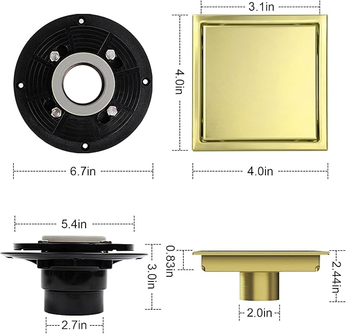 4 Inch Square Shower Floor Drain, Shower Drain Kit with Flange and 2 in 1 Tile-Insert Cover, Square Shower Drain, SUS 304 Stainless Steel Floor Drain,Brushed Gold